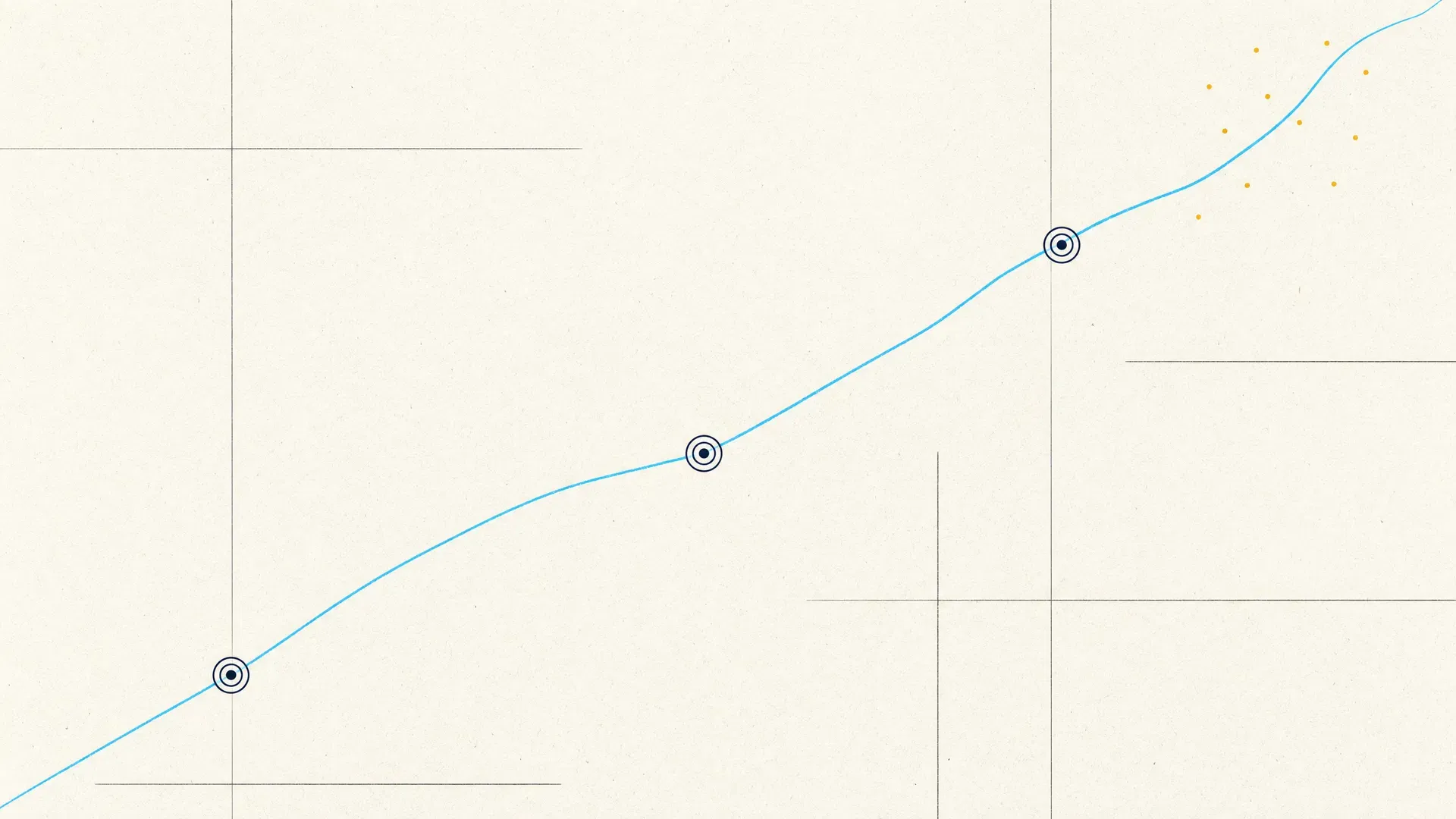 Editorial illustration of a meandering cyan path with three concentric navy circles marking stations