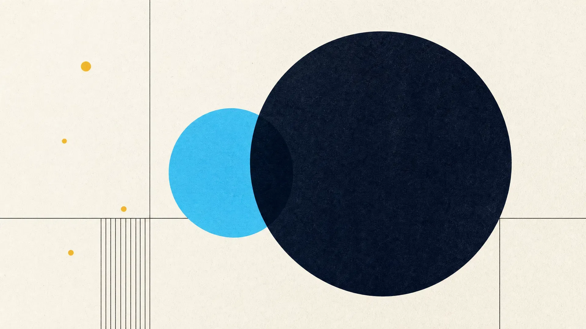 Abstract editorial illustration with overlapping navy and cyan circles on warm paper background